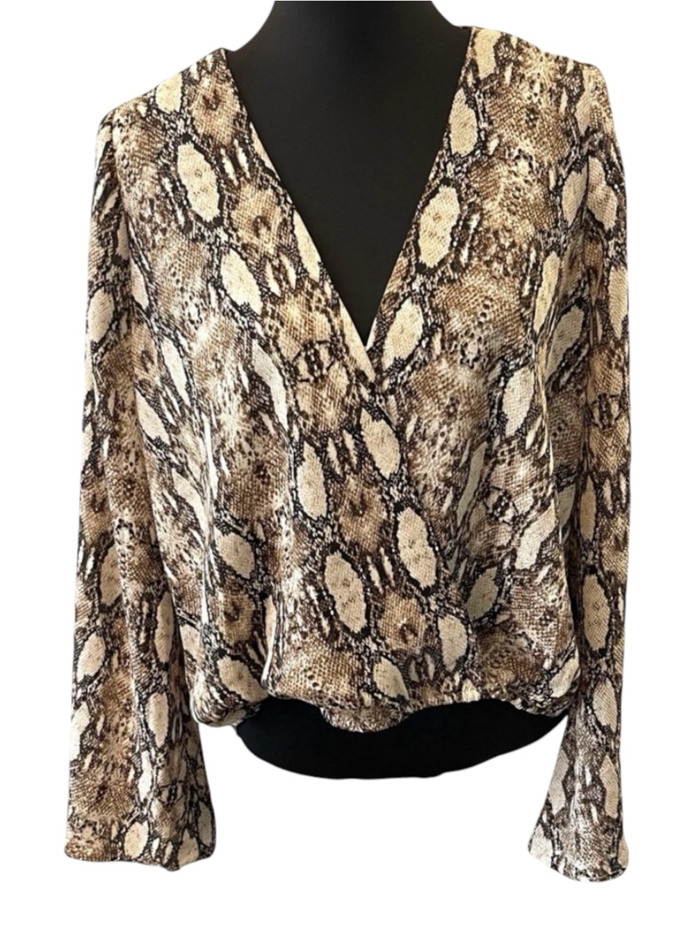 Sage The Label Brown/Cream Snakeskin Print Bell Sleeve Wrap Blouse (L)